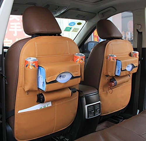 2 Pack PU Leather Car Backseat Organizer, Including Child Pillow and Seat Belt Covers Shoulder - Lamshine (Dark yellow)