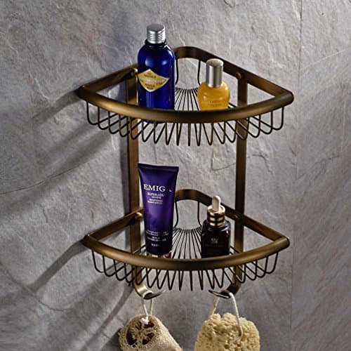 Solid Brass Products Wall Mounted Corner Triangle Shower Wire Basket 2 Tiers Shower Caddies Storage Cosmetic Holder Bathroom Hardware (antique brass Finish)