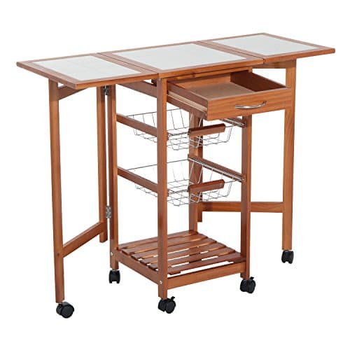totoshop Portable Rolling Drop Leaf Kitchen Storage Island Cart Trolley Folding Table New Honey Brown and White