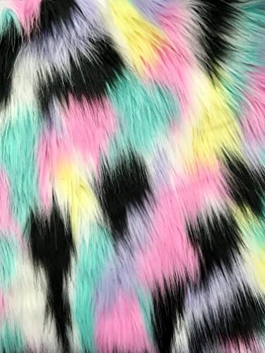 60" Wide Faux Fur Fabric - Black and Pastel Patchwork