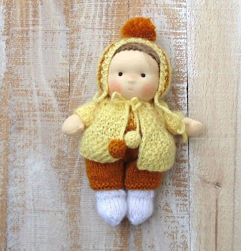 Cute Soft Waldorf Doll - 8” tall with embroidered face - 5 removable pieces of clothing - Girl with brown-hair