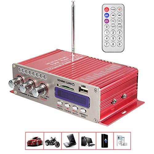 Car Amplifier , YESSHOW Mini Hi-Fi Bluetooth Stereo Digital Power Amplifier Digi AMP Booster Audio Music Player with Remote Control Support FM MP3 SD USB DVD for Auto Car Boat Motorcycle Home [Red]