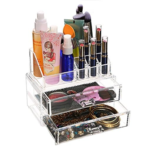 Dorfin Acrylic Makeup Organizer Cosmetics Storage Case Display Sets 2 Drawers with 9 Top Compartments Space- Saving -7.2" x 4.0" x 6.0"