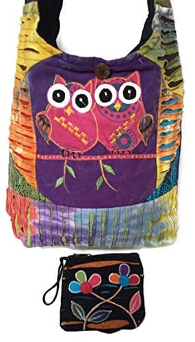 Boho Cross Body Cotton Sling Patchwork Shoulder Bag & Coin / Money Purse Bundle Handcrafted Nepal – Owls & Flowers Design Multi-Color Tie Dye Stonewashed