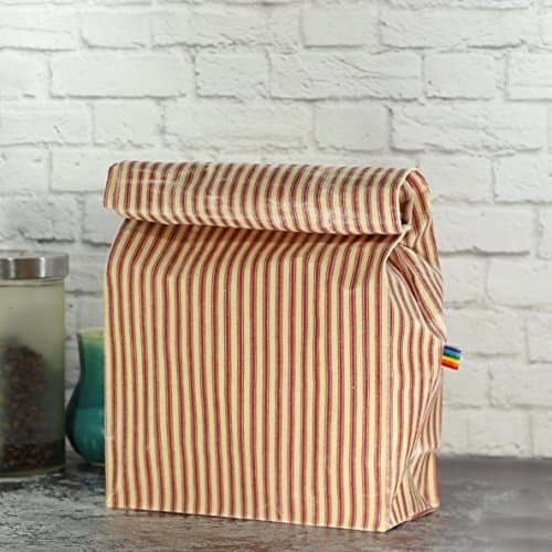 Lunch Bag Waxed Canvas Red Ticking Fabric