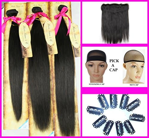 All in One Super Value: Clear or HD Lace Frontal Silky Straight w/Three Bundles (18", 20",22") Wig Caps