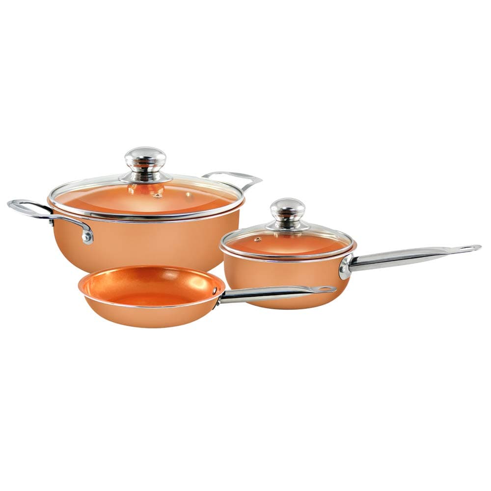 5 Pcs Non Stick Copper Coated Cookware set Sauce Pan Fry Pan with Glass Lid induction compatible dishwasher and oven safe