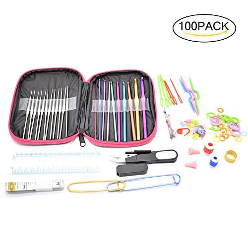 100pcs 22 Sizes Crochet Hooks Set, 0.6mm-6.5mm Knitting Needles Kit with Wide Thumb Placed Flat, 20 Locking Stitch Markers and Other Crochet Tools