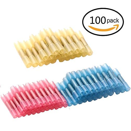 [100 Pack] Butt Connectors, Ably Heat Shrink Waterproof Butt Crimp Terminals Insulated Electrical Wire Cable Connectors (Red Blue Yellow)