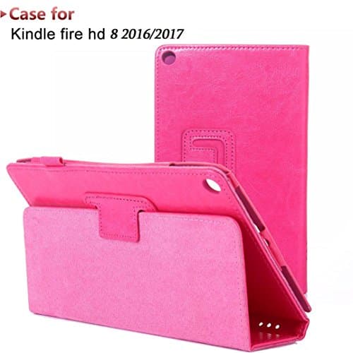 Cywulin Protectiaon Case Cover For Amazon Kindle Fire HD 8 2016/2017 , Foldable Flip Leather Stand Smart Durable Simple Case For Tablet (Hot Pink)