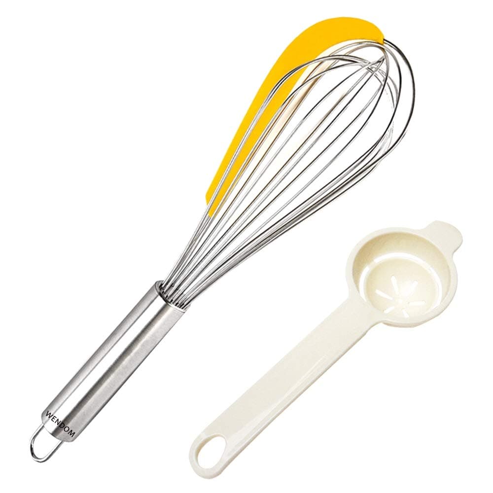 WENDOM 2-IN-1 Egg Whisk Integrated Silicone Bowl Scraper, Stainless Steel Large 12.6inch Hand Egg Beater Yellow Set Included Egg Separator