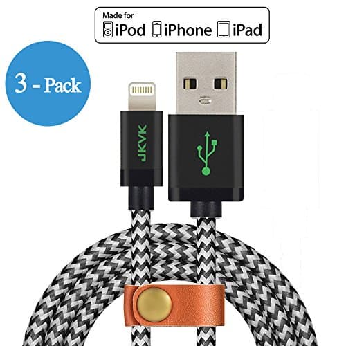 3-Pack JKVK 4ft /1.2m Nylon Braided 8 Pin Braided USB Lightning Cable Cord for iPhone 6s / 6s Plus / 6 / 6 Plus / 5s / 5c / 5, iPad Air Mini , iPad Pro, iPad 4th, iPod 7 (3-Pack Black)