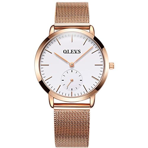 OLVES Men Women Mesh Strap Watchs Top Brand Luxury Thin Fashion Clock Stainless Steel Quartz Wristwatches Rosegold Band &amp; White Dial for Woman
