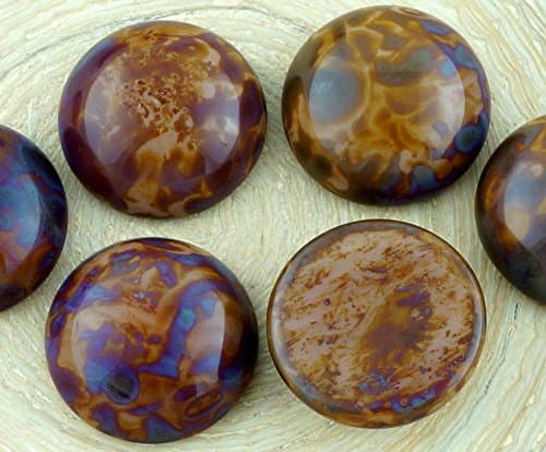 2pcs Picasso Brown Blue Gray Agate Opaque Round Domed Flatback Czech Glass Cabochon 18mm