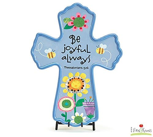 Table or Wall - Ceramic CROSS - Be JOYFUL Always - Thessalonians 5:16 - Ellen Krans Artwork GIFT BOXED - Bible Verse Collectible DECOR