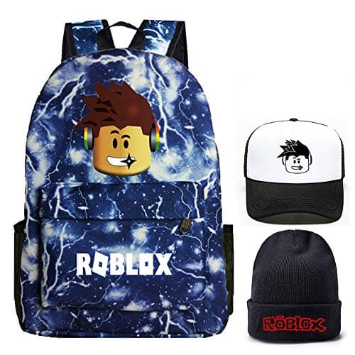 Roblox Backpack With Baseball Cap and Knitted Hat, Student Bookbag Laptop Backpack Travel Computer Bag for Boys Girls Kids Teenagers Game Fans Gift (Lightning Blue)