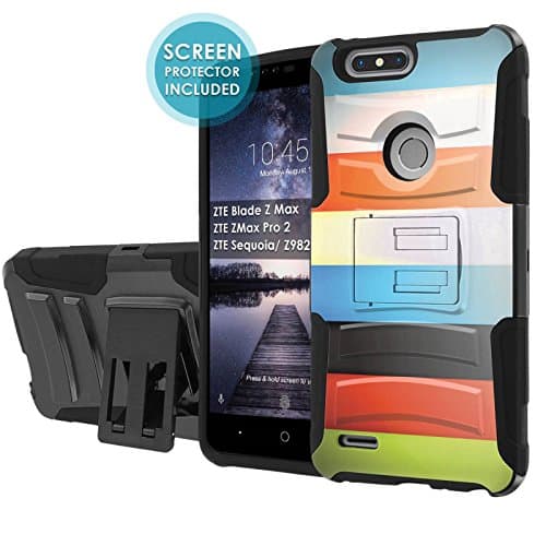[NakedShield] [Black/Black] Defender Combat Armor Case [KickStand] [Holster] [Screen Protector]- [Color Bars] for ZTE Blade Z Max/ZTE ZMax Pro 2/ZTE Sequoia/ Z982