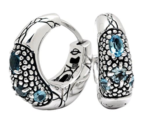DENI JEWELRY SOLID 925 STERLING SILVER HOOP EARRING WITH BLUE TOPAZ 3 SIZE STONE