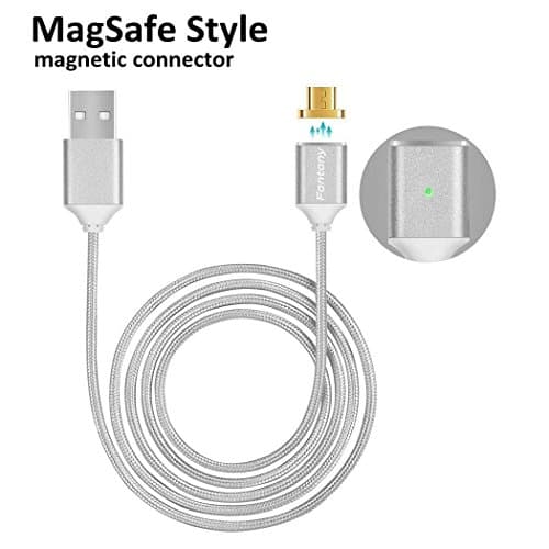 [Upgraded Version] Fantany Magnetic Micro USB Charger Braided Fast Cable, Reversible Detachable Design Cord with LED Indicator Adapter for Android Samsung HTC Huawei Moto LG 3 Ft Silver Mm1