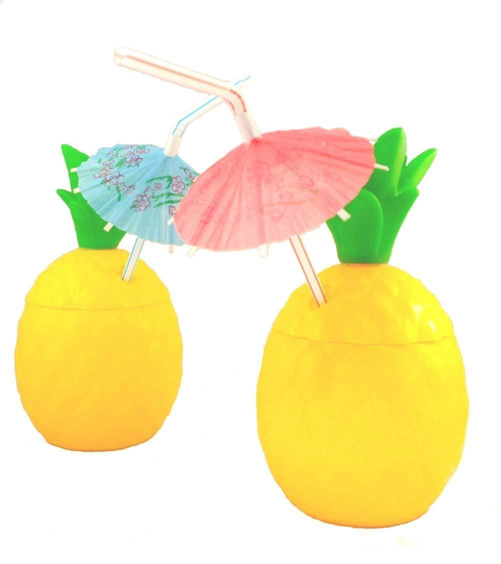 Precious Owls 14oz Pineapple Plastic Party Cups 12 Pk (Includes 12 Umbrella Luau Straws) Hawaiian Theme Party Supplies