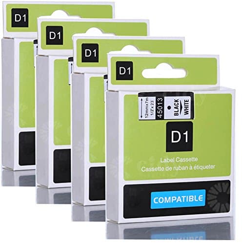 Wangsale Generic Replacement Label Tape Compatible for DYMO D1 45013 12mm x 8m 1/2-inch 23-foot Cartridge (4 PK Black on White)