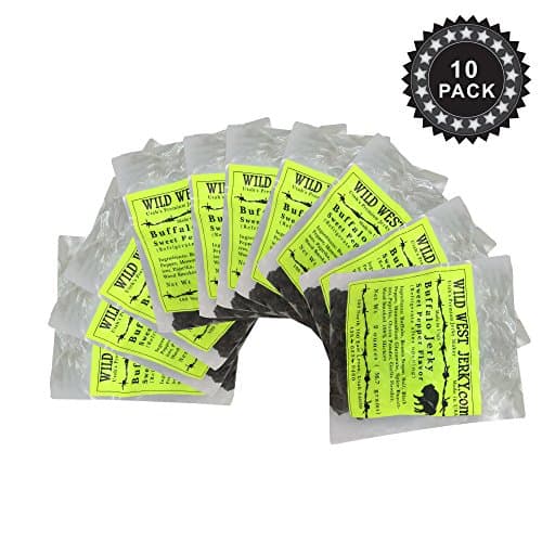 #1 BEST Premium 100% Natural Grass Fed Hand Stripped 2 OZ. Delicious Bold Flavor Buffalo Jerky from Utah USA – Wood smoked With Hickory Wood by Wild West Jerky (Sweet Pepper, Sweet Pepper 10 Pack)