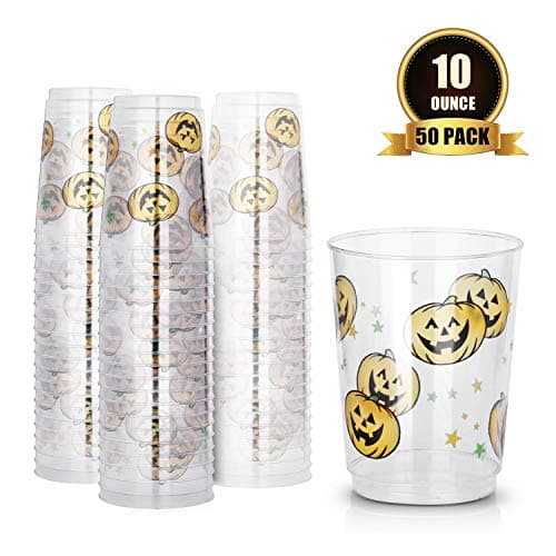 TOROTON 10oz Disposable Cups, 50 Pack Reusable & Recyclable Clear Plastic Wine Glasses for Halloween Christmas Party - Pumpkin Printing