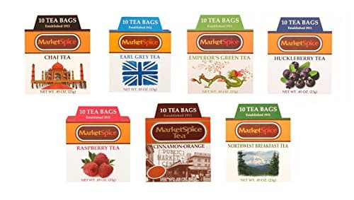 Market Spice Unsweetened Tea Sampler Set, Variety tea pack of 70 Tea Bags, Assortment of 10 Each Cinnamon Orange, Emperor’s Green, Raspberry, Chai, Huckleberry, Earl Grey, Northwest Breakfast