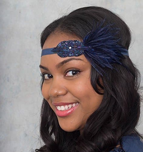 Mini Deco Flapper Headband With Ostrich Feathers Beaded Applique Midnight Blue, Navy, Sapphire