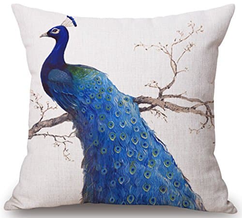 Beautiful Peacock Tail Square Cotton Blend Linen Throw Pillow Case Decor Cushion Covers 18 x 18''