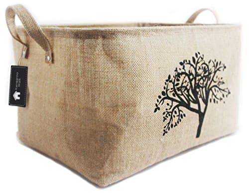Jute Storage Basket by Kangaroo Walk • Collapsible Burlap Storage Bin for Toys, Baby Items, Laundry, Clothes • Lovely on Shelves or Anywhere in Home • Organize with Elegance • (Tree)