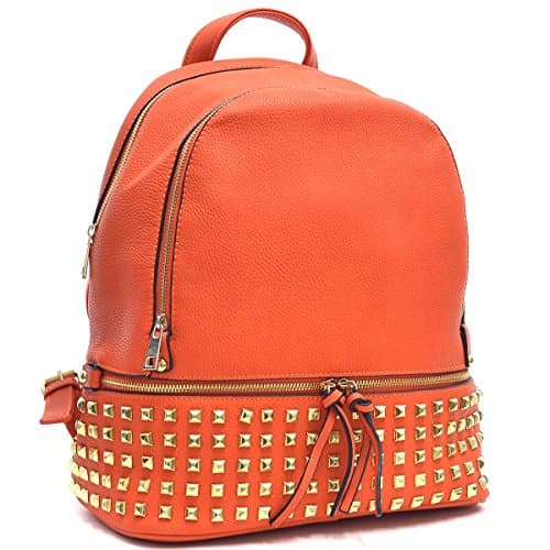Dasein Buffalo Leather Studded Backpack with Bottom Zipper Compartment (Orange)