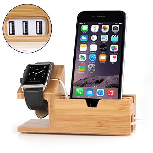 Monyue Charging Station for Apple Watch and iPhone Charging Dock Bamboo Wood Charger Stand for iwatch