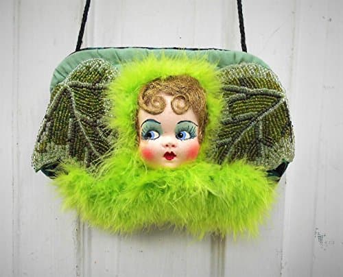 Flapper Night Out Purse, Flapper Face in Chartreuse Feather Boas, Flapper Marquee Lights & Pale Green Marabou Feathers. One of a Kind!
