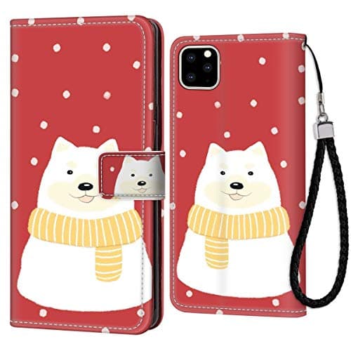White Cartoon Corgi iPhone 11 Pro Max 6.5 Version Wallet Case with Card Holder 360 Protection