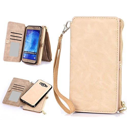 Galaxy J7 Case, Galaxy J7 wallet case, LeCase 12 Card Holder Pro - [Zipper Cash Storage] Premium Button PU Leather Wallet Case Cover With Detachable Magnetic Hard Case For Galaxy J7 (2015), Khaki
