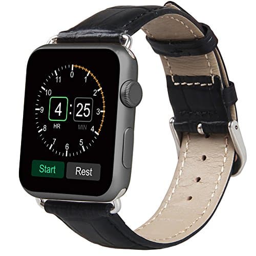 42mm Genuine Leather Alligator Pattern Strap Watch Band Bracelet Replacement Wristband with Stainless Steel Adapter Metal Clasp for Apple Watch Series 3/2/1, 42 MM -Black