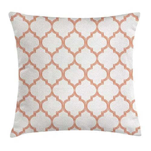 WITHY Moroccan Trellis Throw Pillow Cushion Cover, Middle Eastern Grid with Curved Stripes Traditional Motifs, Decorative Square Accent Pillow Case, 18 X 18 inches, Dark Orange and Ivory