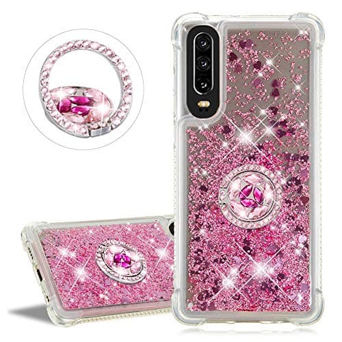 YiCTe Glitter TPU Case for Huawei P30 Lite, Flowing Floating Quicksand Sparkle Luxury Bling with Ring Kickstand Shockproof Gomma Silicone Protective Cover,Rose Gold