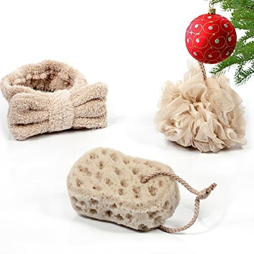 3 Piece Loofah Spa Set - Includes Mesh Shower Pouf, Exfoliating Face or Body Buffer Scrub Sponge &amp; Plush Headband - Gently Pamper and Cleanse Your Skin from Head to Toe - by Savvy Bath