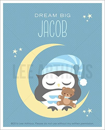 148P "Dream Big" Personalized Name Boy Owl Sleeping on Moon UNFRAMED Wall Art Print by Lee ArtHaus