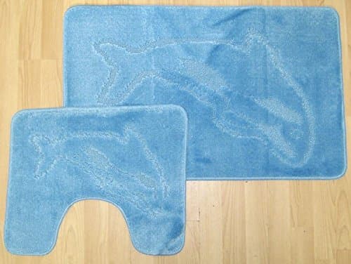Sky Blue Dolphin Bath Mat & Pedastal Mat Set 2 Piece Non Slip Shower Toilet Floor Mats Bathroom Rug