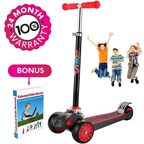 Scooter For Kids, Maxi Foldable Kick Scooter Deluxe, handlebars adjustable age 5-12, Surface Balance Technology 2"widthX3 Wheels 24 Months Guarantee eBookGift Talented Kids Secrets (Red &amp; Black)