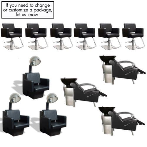 Havana Basics Black Collection - Six Stations featuring Six (6) Styling Chairs - Black w/Square Base, Three (3) Stockholm Shampoo Units Black w/ Black Bowl and VBK (White bowl is available) &amp; Three (3) Havana Dryer Chairs -Black from SalonSmart