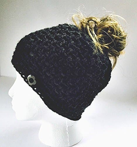 Handmade Messy Bun Hat Black Beanie Wood Button Pony Tail Holder Crochet Cloche