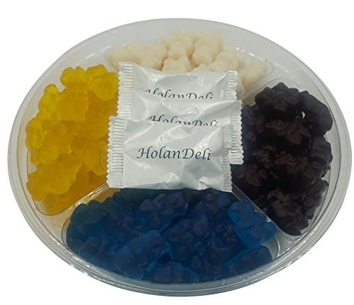 Assorted Gummi Bears in a Party Tray (Mango, Black Cherry, Blue Raspberry, Strawberry Banana). Includes Exclusive HolanDeli Chocolate Mints.