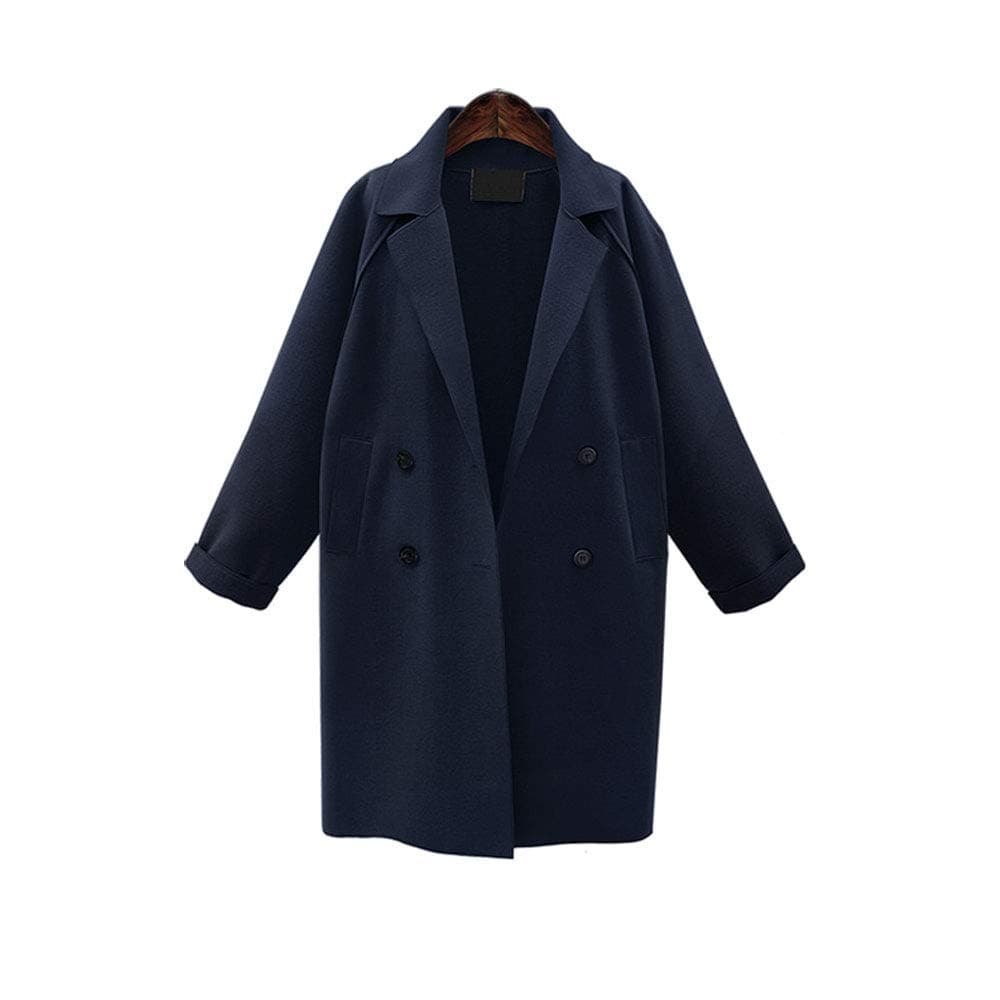 SEAWEED Women's Classic Lapel Wool Double Breasted Open Front Long Sleeve Coat Warm Jackets Casual Outwear Winter Overcoat with Pockets,DarkBlue,TAG L(Fits Like UK M)