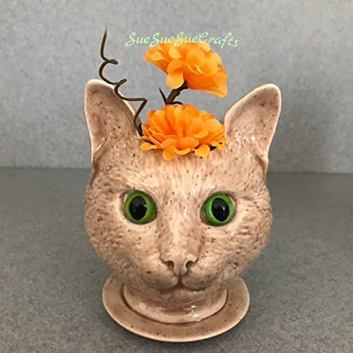 Handmade Ceramic pot, Succulent herb pot Cinnamon Cat Doll head ceramic planter, attached saucer Handcrafted gift, Eye glasses holder, plastic green eyes