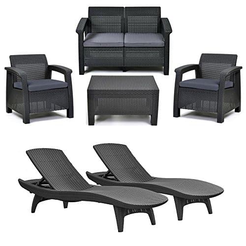 4-Piece Corfu Seating Set With Cushions & 2-Piece Adjustable Patio Chaise Lounge, Charcoal Grey, Open-Weave Rattan-Style, Keter Garden & Patio Furniture, Stylish & Cozy Outdoor Designs