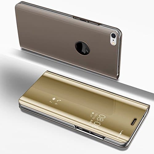 Etsue Mirror Leather Case for iPhone 8 Plus/iPhone 7 Plus Mirror Makeup Plating Flip Case Luxury Fashion Glitter Crystal Hard PC PU Leather Case Clear Standing View Bookstyle Wallet Case Cover Gold